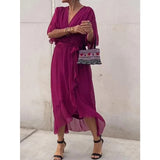 Fongt New Women's Solid Color With Long Skirt Bat Sleeve Irregular Dress