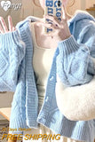 Harajuku Blue Knitted Cardigan Women Vintage Hooded Cropped Sweater Sweet Loose Casual Knitwear Y2K Tops Korean