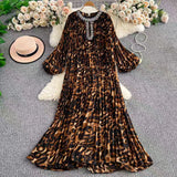 Fongt Elegant Dress Women Fashion Nail Drill Hollow Round Long Sleeves Loose Thin Leopard Embossed Skirt