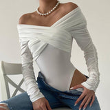 Fongt And Autumn New Women's Shoulder V Neck Pleated Long Sleeve Jacket Tight Temperament