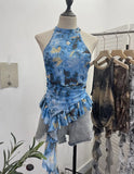 Trend Irregular Hanging Neck Dyeing Net Yarn Vest Lotus Side Ribbon Short Sleeveless Top