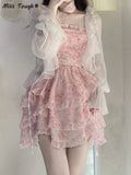 Lace Floral Fairy Dress Women Korean Fashion Strap Sexy Party Mini Dress Female Designer Ruffle Flounce Sweet Dress