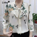 Autumn 2023 Elegant Fashion Printing Bow Half Sleeve Pullovers for Women Blouses Casual Chic Button Chiffon Shirt