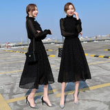 Party Elegant Mesh Sleeve Spring Autumn Polka Dot Solid Dress Women Fashion