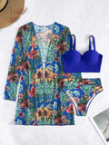 Fongt New Sexy Bikini Mesh Three-Piece Set Gathered Print Split Swimsuit
