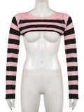Pink Contrast-paneled Crop Smock Top Y2K Aesthetic Cute Knitted Long Sleeve Pullover for Women Sweater Vintage Clothes-Outfit