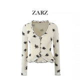 Fongt Homemade New Women's Classic Smashed Flower V-Necked Leaf Sided Nets Open Shirt