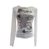 Graffiti-Printing Mesh T-Shirt 2024 Vintage Spice Girls Slime Long-Sleeved Hooded Top