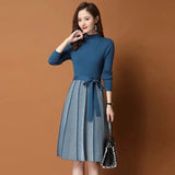 Winter Striped Pleated Knit Dresses Women's Elegant Slim Mock Neck Sweater Bottomed Dress Korean Casual Vestidos With