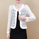 Hollow Out Lace Blouse Women Long Sleeve White Black Shirt Beading Lace Jacket Elegant 4XL Women Clothing Blusas