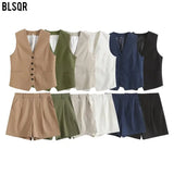 Fongt Summer Leisure Vest Set Linen-Blend Loose Vest + Shorts Set Women K27788