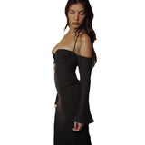 Fongt High Waist Hanging Neck Sexy Back Solid Color Slim Fish Tail Temperament Dress Long