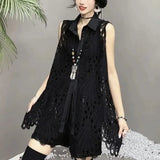 Loose Stylish Hollow Out Blouse Spring Autumn Turn-down Collar Women's Clothing Sleeveless Commute Single-breasted Shirt-Outfit