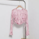 Solid Shot Tie Dyed Mesh Yarn Small Lequine Horn Long Sleeve Thin T-Shirt Drawstring With Short Repair Body Coat