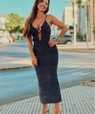 Blue Knit Cut Out Strappy Hook Midi Dress-Outfit