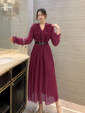 Fongt Autumn Station Temperament Retro Lotus Leaf Side Bubble Long Sleeve V Collar Thin A Word To Close The Waist 100-Fold Dress