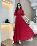 Fongt Elegant Half-High Collar Bubble Sleeve Pressure Folding Dress With Thin Temperament Female Chiffon Long Dress