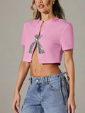 Fongt Simple Diamond Bow Bow Short-Sleeved T-Shirt 2025 New Trendy Niche Girl Open Fork Blouse Autumn And Winter