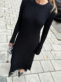Fongt Spring Knitting Bottom Long Sleeve Long Dress Women's Round Neck Solid Color Strap High Waist Tight
