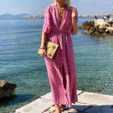 Fongt Hot Style Women's Fashion Deep V Collar Long Print Beach Holiday Dress-Outfit