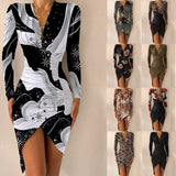 Wise Style Autumn And Winter Long Sleeve V Neck Print Tight Slit Dress Women's Wear-Outfit