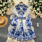 Fongt Spring Dress New Dress Women 2025 Fashion Suit Collar Long Sleeves To Roll Print A-Word Skirt