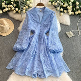 Fongt Spring And Summer Sweet Court Style V Collar Lantern Sleeve Fashion Embroidery Spoon Thin A Word Elegant Dress Woman Trend