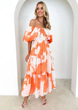 Fongt Spring And Summer Temperament Elegant Print Shoulder Bubble Sleeve Fashion Dress