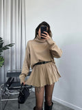 Fongt Women's Clothing 2025 Autumn/Winter New High-Necked Long-Sleeved Fashion Casual Rolled Short Dress Set
