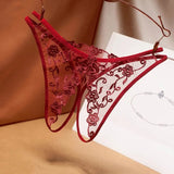 crotch-free women's panties mesh embroidery retro hollowed out sexy transparent thong ultra-thin low waist t pants G-String