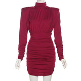 Turtleneck Long Sleeve Puff Pleated Mini Dress-Outfit