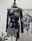 Long-Sleeved Irregular Design Small T-Shirt Women's Autumn Dress Print Hollow Tight Hottie Top