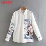 Women Vintage Flowers Print White Chiffon Shirt Long Sleeve Spring Chic Female Loose Shirt
