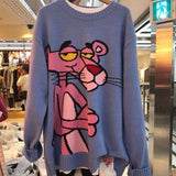 Fongt Women Sweater and Pullovers Loose Style Chic Jumpers 2023 Cartoon Printed Pink The leopard Winter Sweater Pullovers Knitwear 1215-1-Outfit