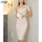 Han Queen New Elegant One Shoulder Pencil Dress Women Sheath Summer Dresses Simple Party Bodycon Sexy Vestidos Female