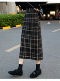 2020 Real Shot Woolen Cloth Plaid Skirt Women Autumn Winter Vintage High Waist Hem Split Slim Long Package Hip Skirts