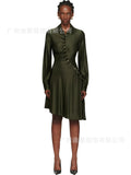 Fongt Women's Collar Button Irregular Long-Sleeved Dress