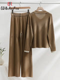 Knitted Sets Tracksuit Women V-Neck Long Sleeve Pullover High Waist Wide Leg Pants Casual 2 Piece Sets Womens Outfits-Outfit