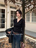 Fongt Xixi 2025 Autumn White Label New Temperament Lace V Word Collar Shirt Lady 100 Cloth Women 89626