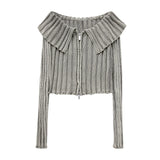 New Pickled Rib Lapel Zipper Slim Short Knitted Blouse 3433110-Outfit