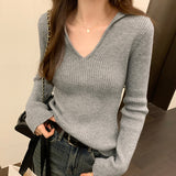 Lapel Folded Into Solid Color Long-Sleeved Knitted Sweater A New Style V-Collar Underwear In Autumn And
