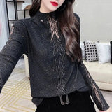 Plant Embroidery Half High Collar Pullovers Fashion Diamonds Spring Autumn New Spliced Women's Clothing All-match T-shirt-Outfit