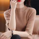 Fongt Summer Slim Head Five Minute Sleeve Bottom Top New Half High Collar Solid Color Simple Medium Sleeve Sweater Women-Outfit