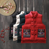 New Retro National Style Down Vest Outside The Female Wear Plate Buckle White Duck Down Pocket Embroidered Vest Down Inside-Outfit