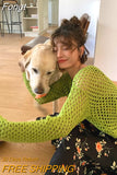 Y2K Vintage Green Oversized Sweater Women Harajuku Kpop Hollow Out Smock Pullover Knitted Crop Tops Fairy Grunge
