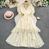 Fongt Niche Design Cross V Collar Small Flying Sleeves To Show Thin Chiffon Dress Super Fairy Leaves Side Dress