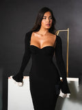 Solid Long Flared Two-piece Crop Sleeve Midi Dress-Outfit