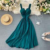 New Design Sense Careful Machine V Collar Back Retro Solid Color Waist Show Thin Hem Long Dress Women's Dress-Outfit