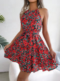 Wind Shooting Spring And Summer Leisure Lotus Leaves Side Smashed Flower Dress Holiday Dress Women's