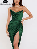 Midi Satin Dress Split Adjustable Strap Ruched Cowl Neck Asymmetrical Zipper Party Dress Elegant Sexy Woman Dresses